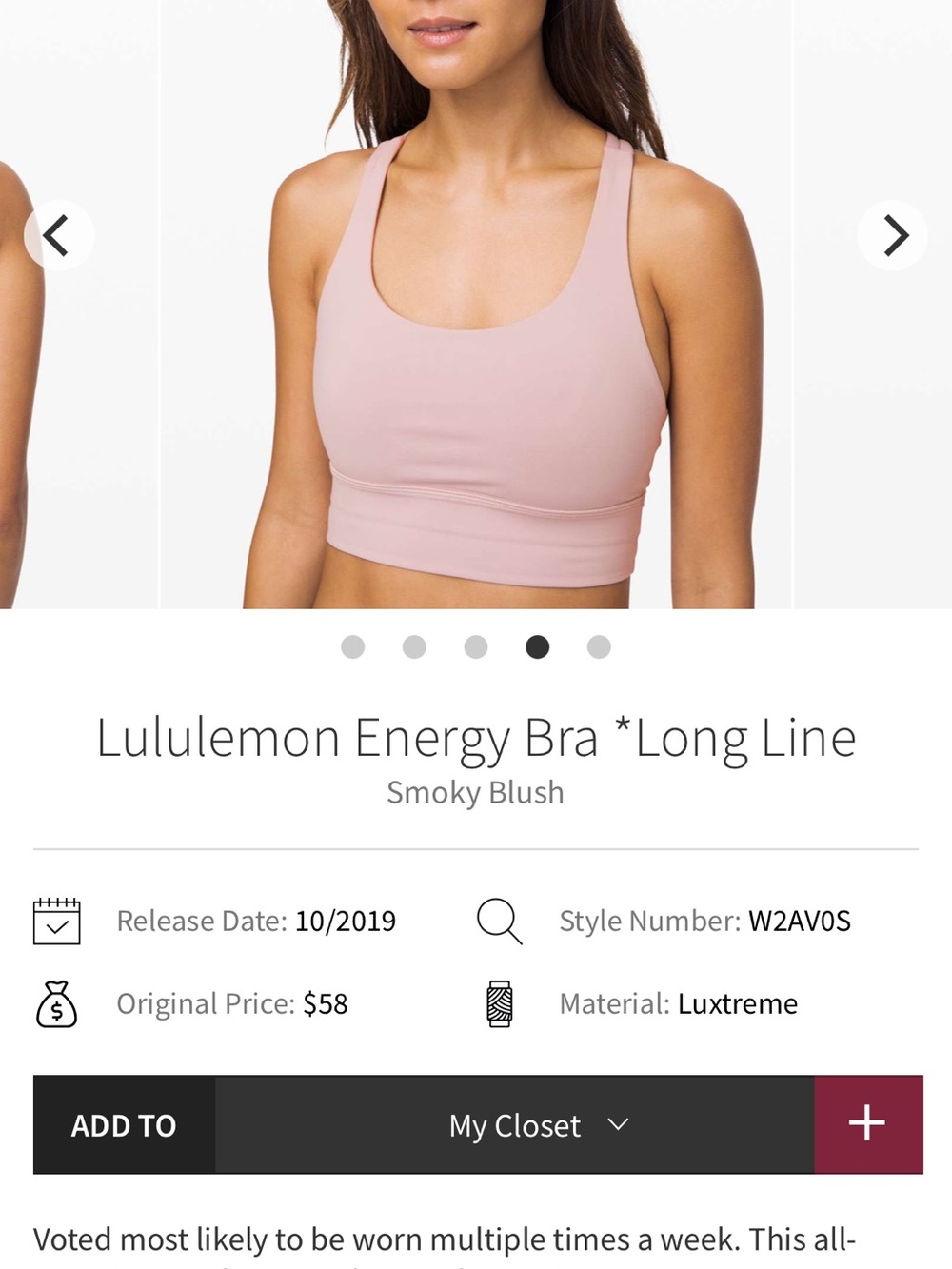 lululemon athletica Energy Bra Long Line in Smoky Blush
